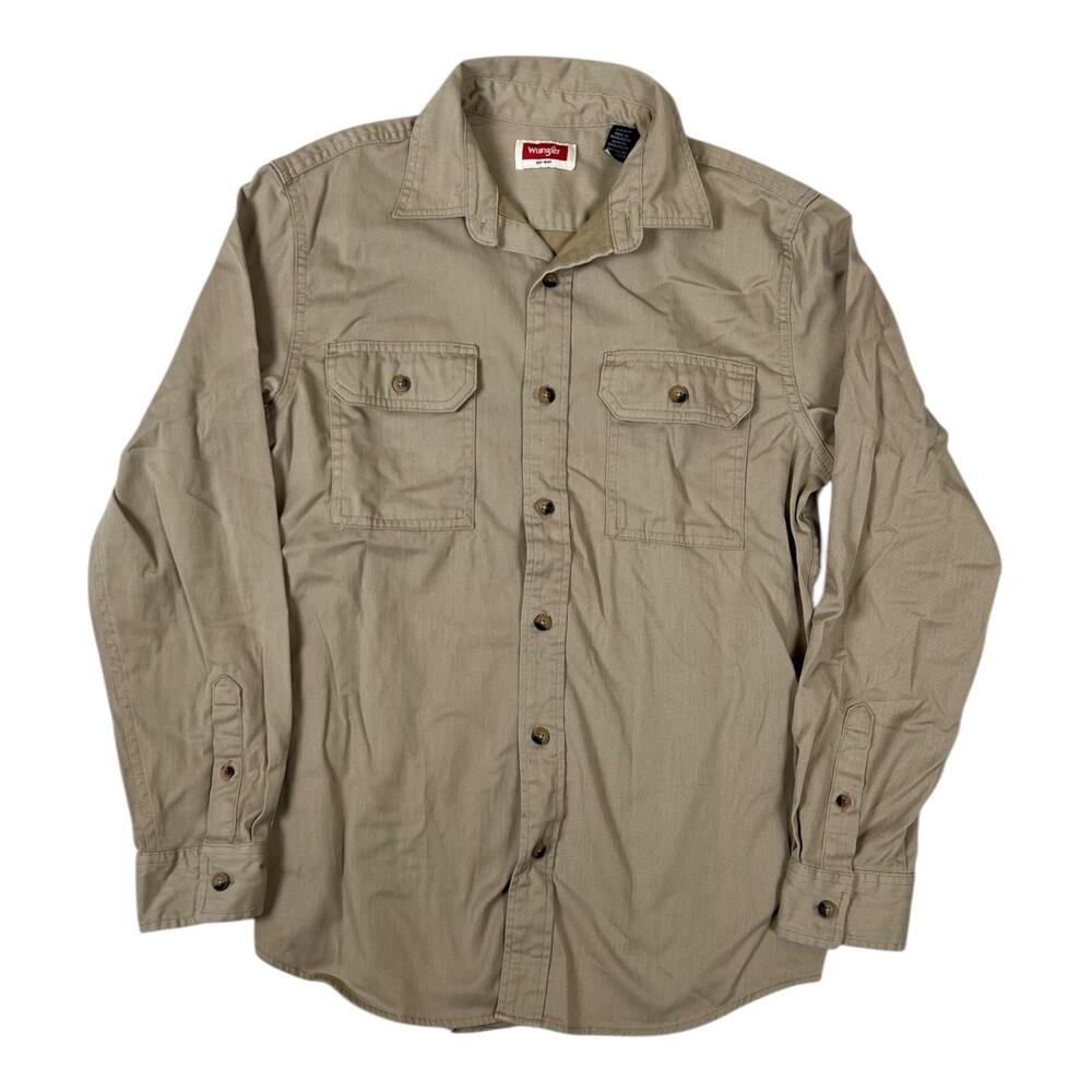 Wrangler Shirt Mens Small Beige Twill Long Sleeve Button Front Casual Workwear